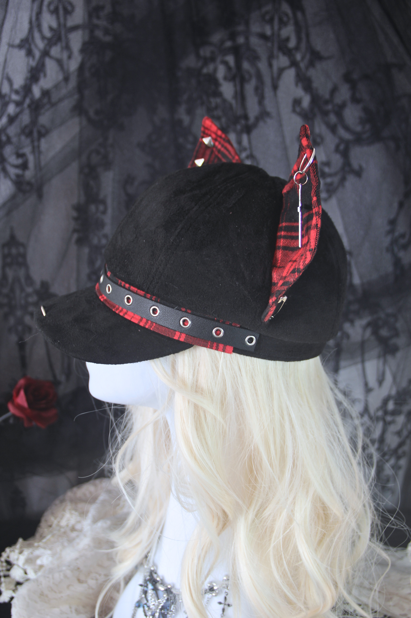 Newsboy Cap Hat with Dog Ear in Check Pattern and Studs RED