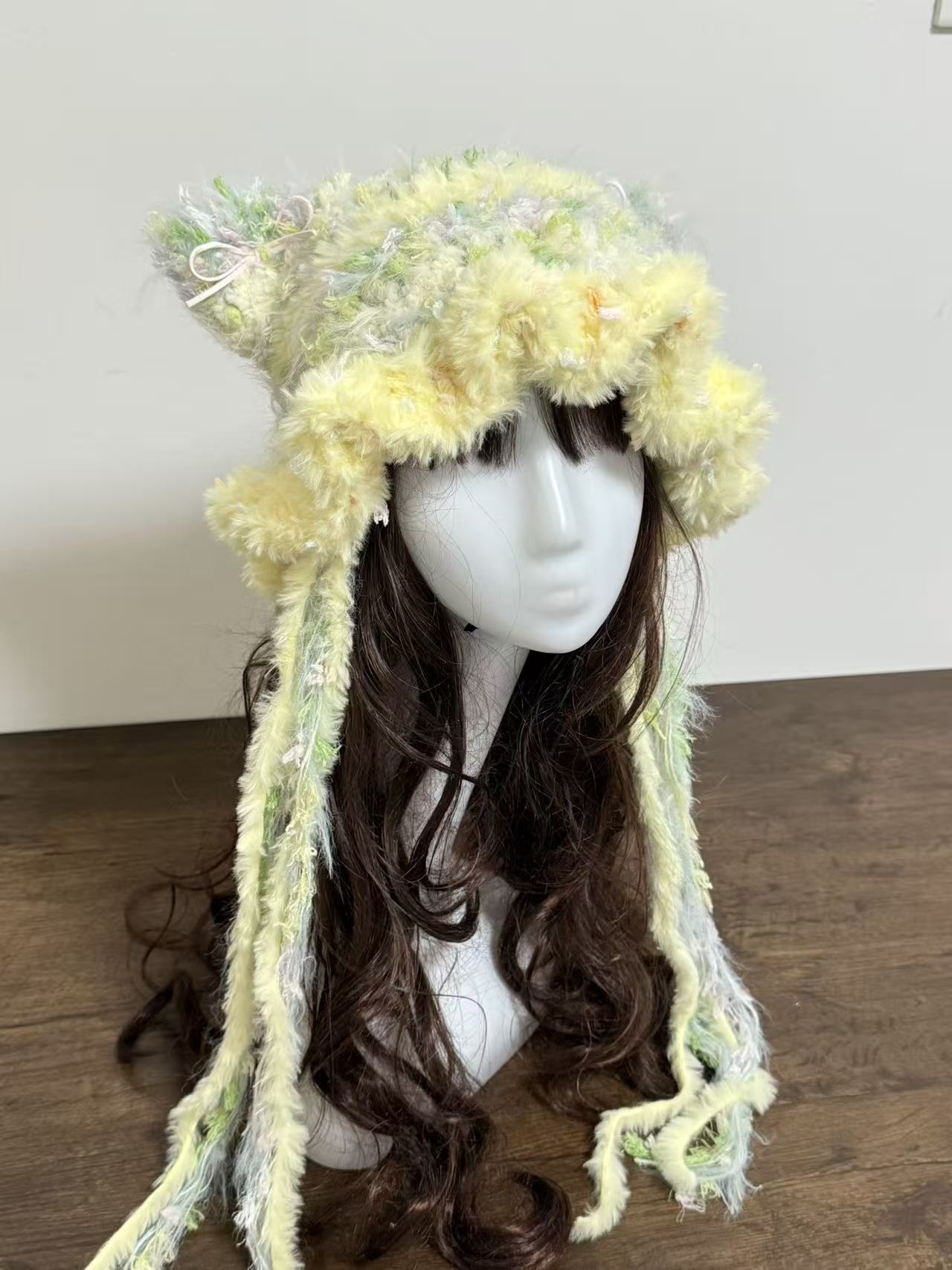 “Spring Meadow” Cat Ear Jellyfish Hat with Wide Ruffled Edge – Handcrafted Mixed Yarn Beanie