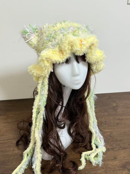 “Spring Meadow” Cat Ear Jellyfish Hat with Wide Ruffled Edge – Handcrafted Mixed Yarn Beanie