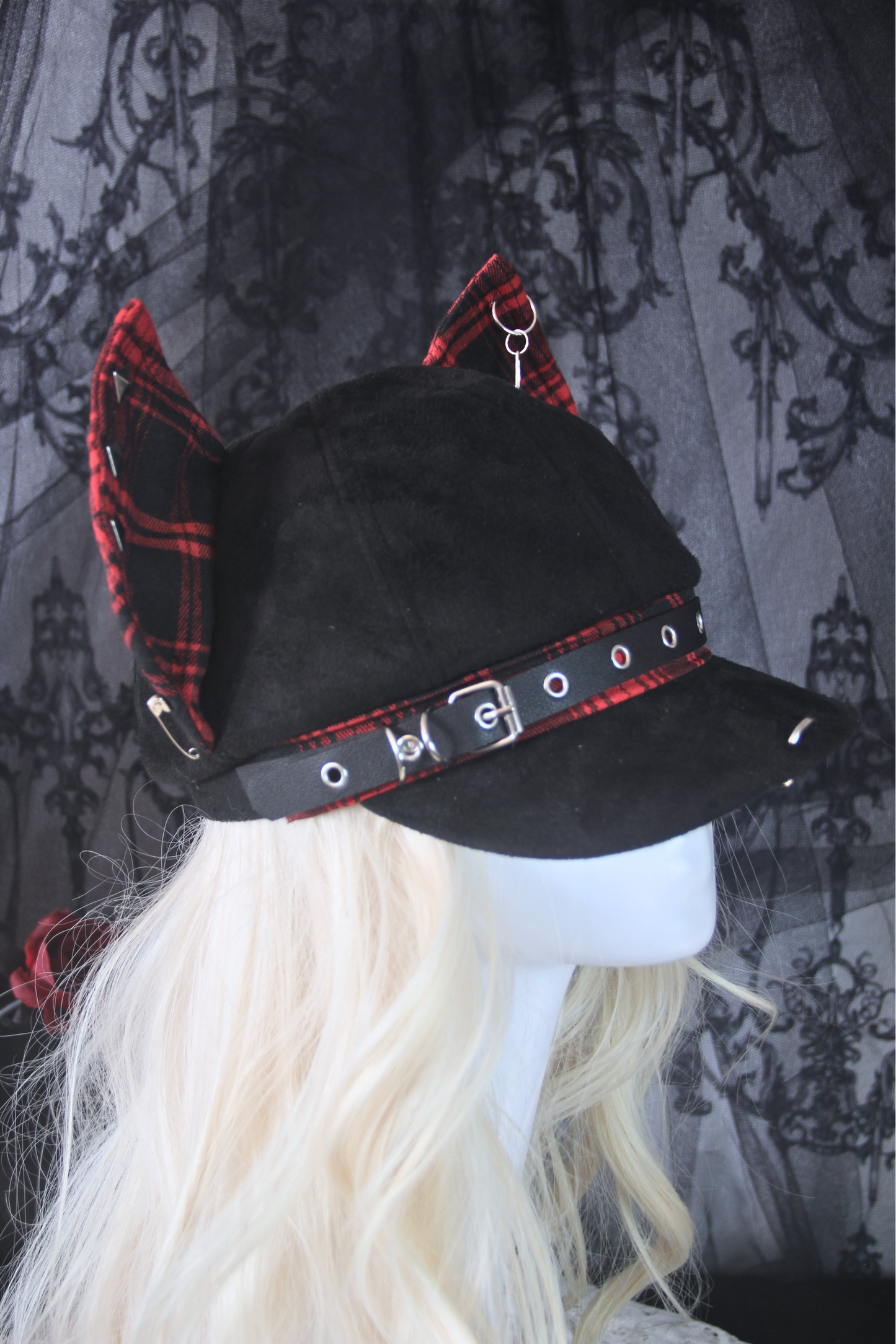 Newsboy Cap Hat with Dog Ear in Check Pattern and Studs