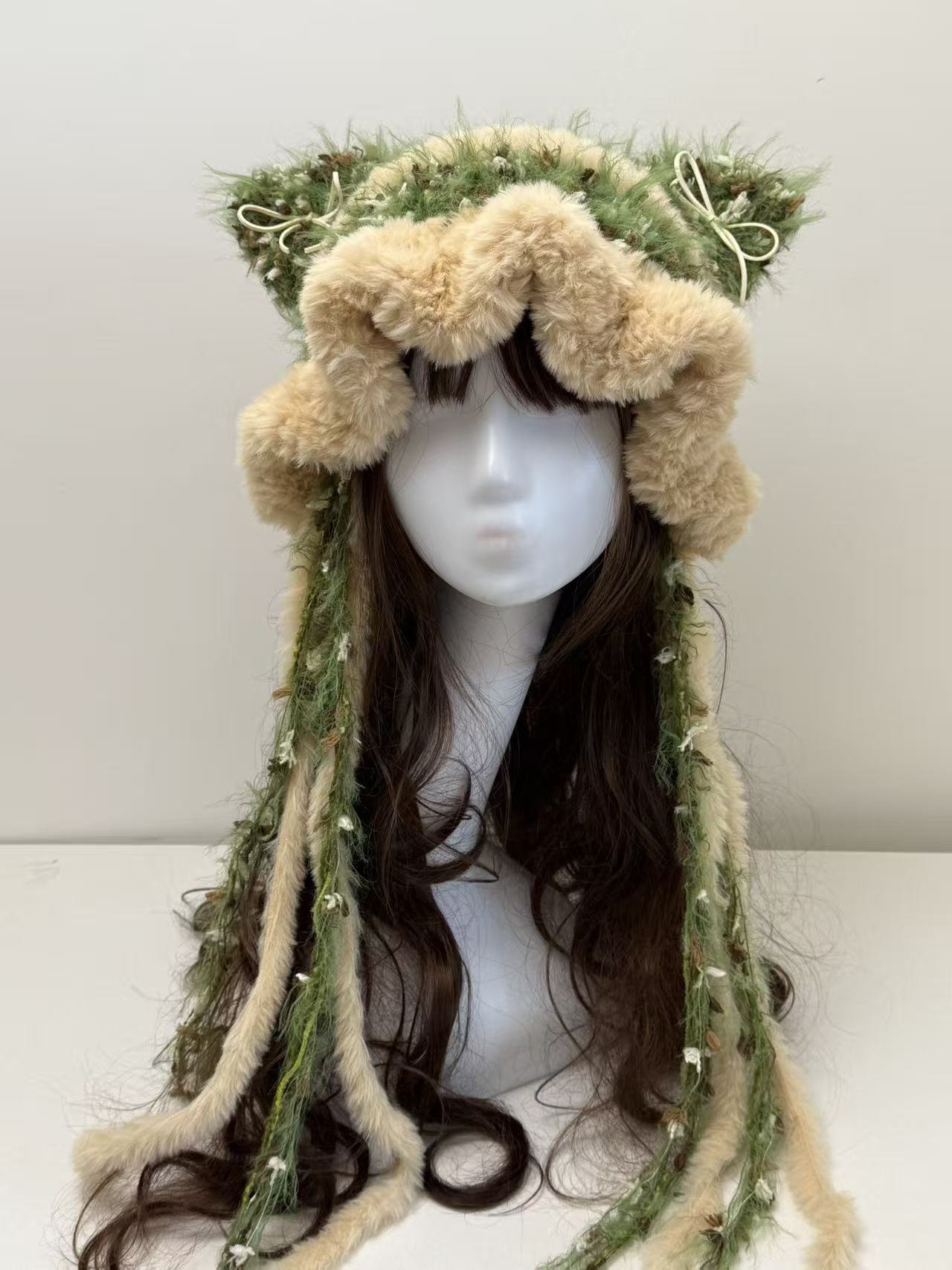“Forest Elf” Cat Ear Jellyfish Hat with Wide Ruffled Edge – Handcrafted Green Mixed Yarn Beanie