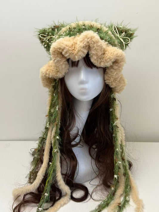 “Forest Elf” Cat Ear Jellyfish Hat with Wide Ruffled Edge – Handcrafted Green Mixed Yarn Beanie