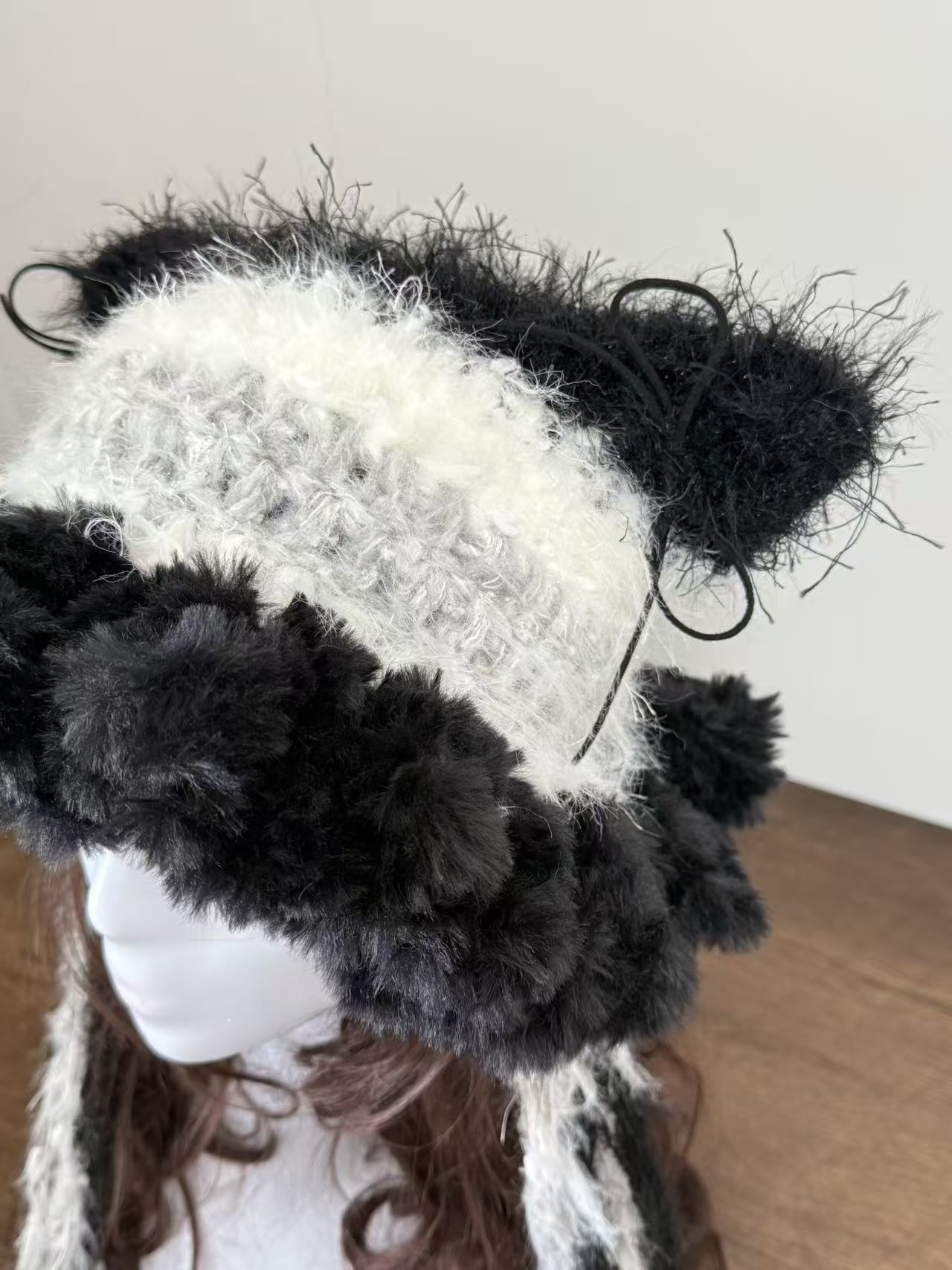 Black & White “Panda” Cat Ear Jellyfish Hat with Wide Ruffled Edge – Handmade Beanie