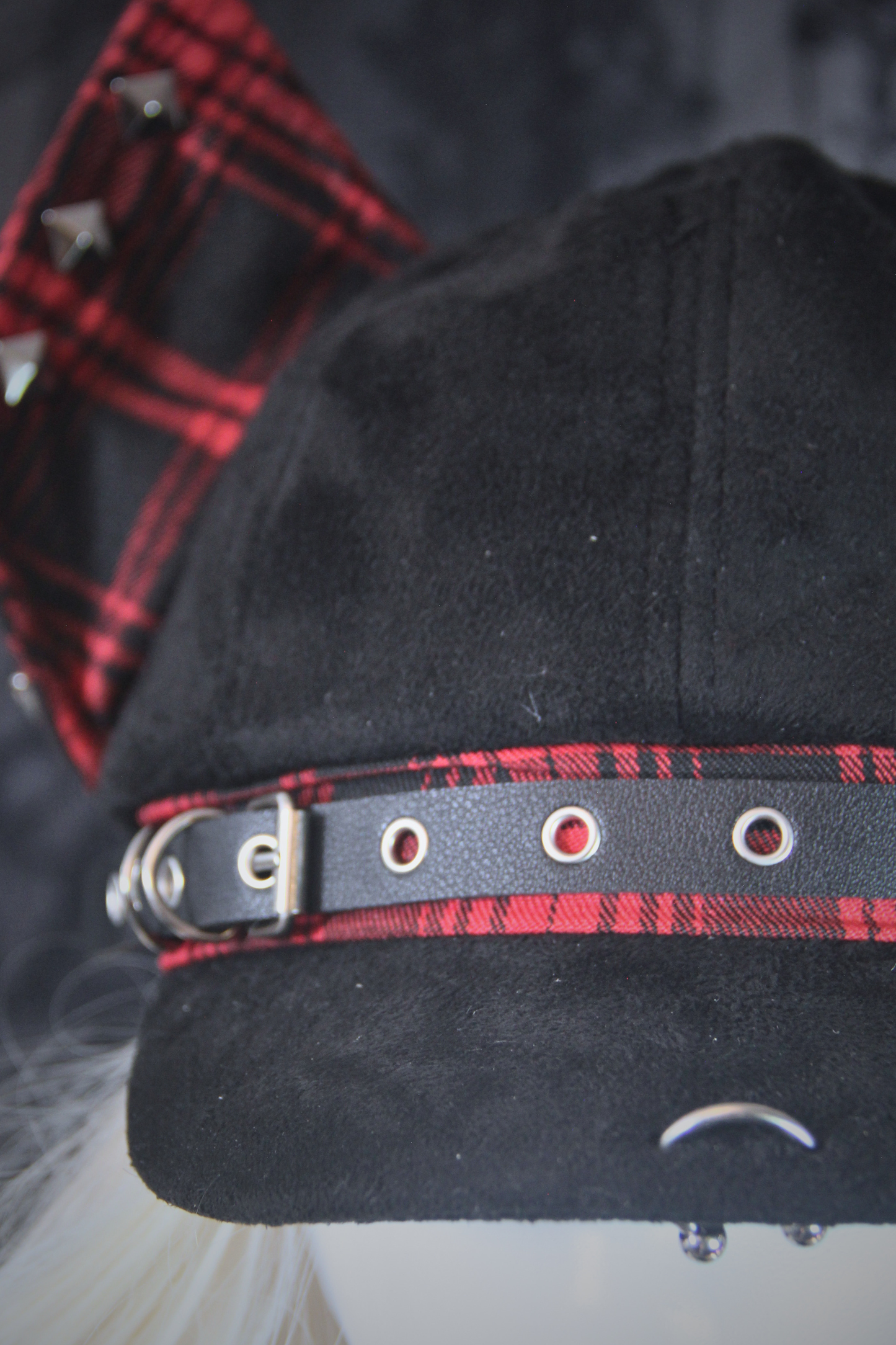 Newsboy Cap Hat with Dog Ear in Check Pattern and Studs RED