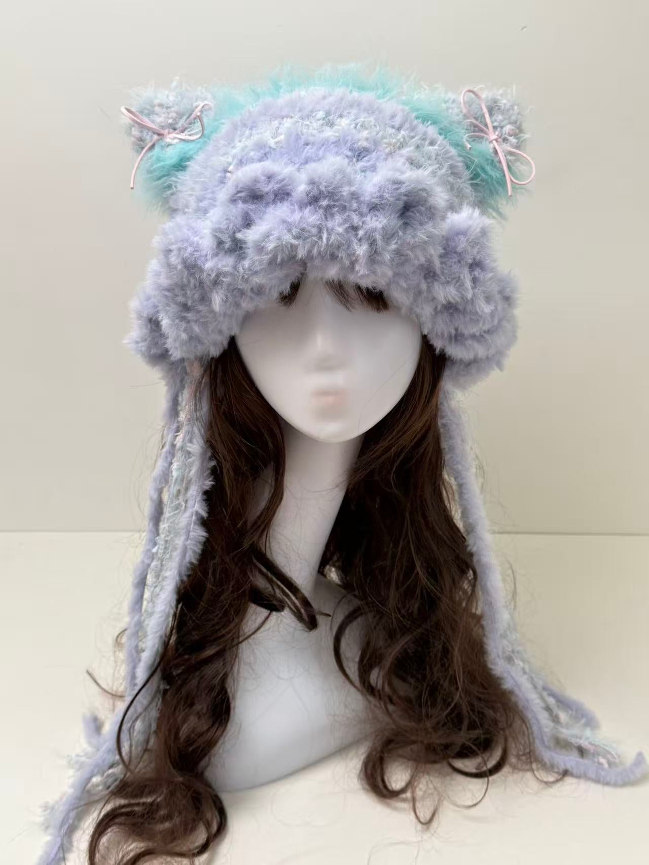 “Dreamy Twilight” Cat Ear Jellyfish Hat – Blue & Purple Mixed Yarn Beanie