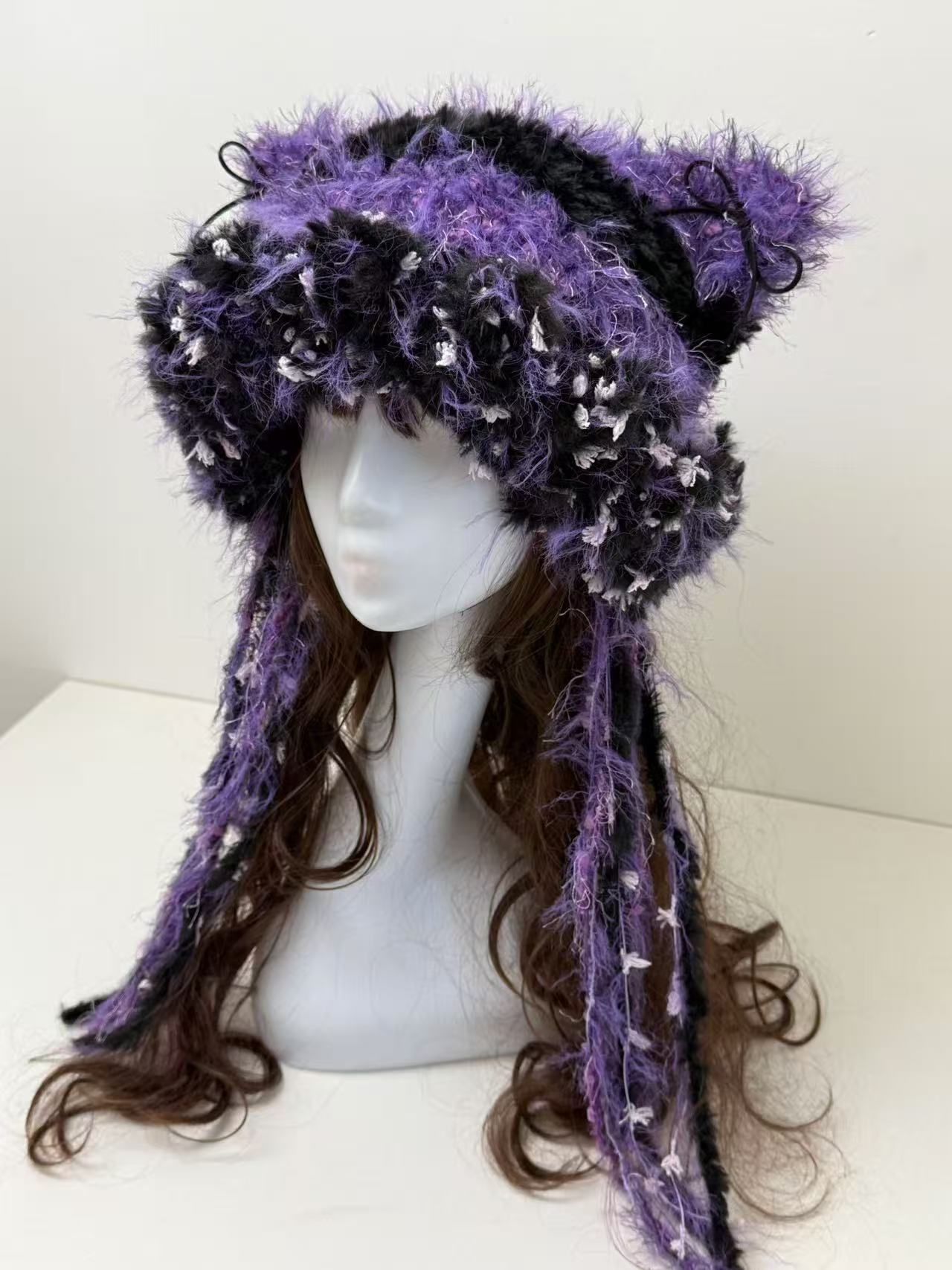 “Twilight Shadow” Cat Ear Jellyfish Hat – Black & Purple Mixed Yarn Beanie