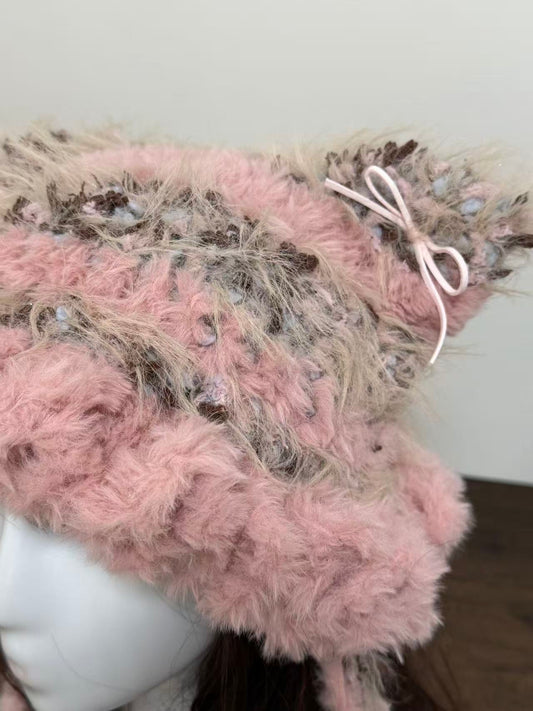 Pink Cat Ear Jellyfish Hat – Handcrafted Mixed Yarn Beanie