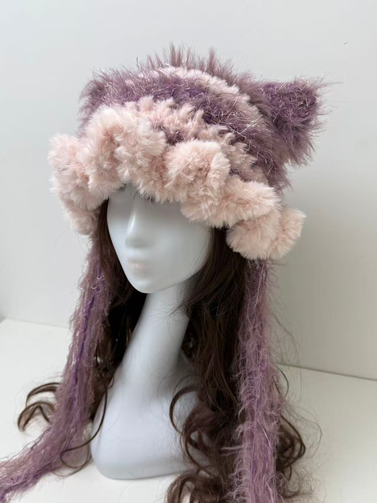 Pink-Lavender Cat Ear Jellyfish Hat with Large Ruffled Edge – Handcrafted Beanie
