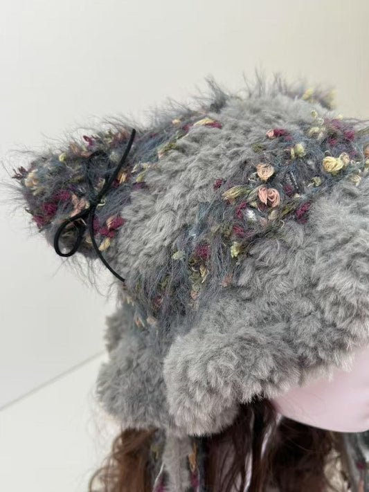 “Misty Garden” Cat Ear Jellyfish Hat – Grey Floral Mixed Yarn Beanie