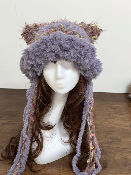 “Moon Mist” Cat Ear Jellyfish Hat – Grey Lavender Mixed Yarn Beanie