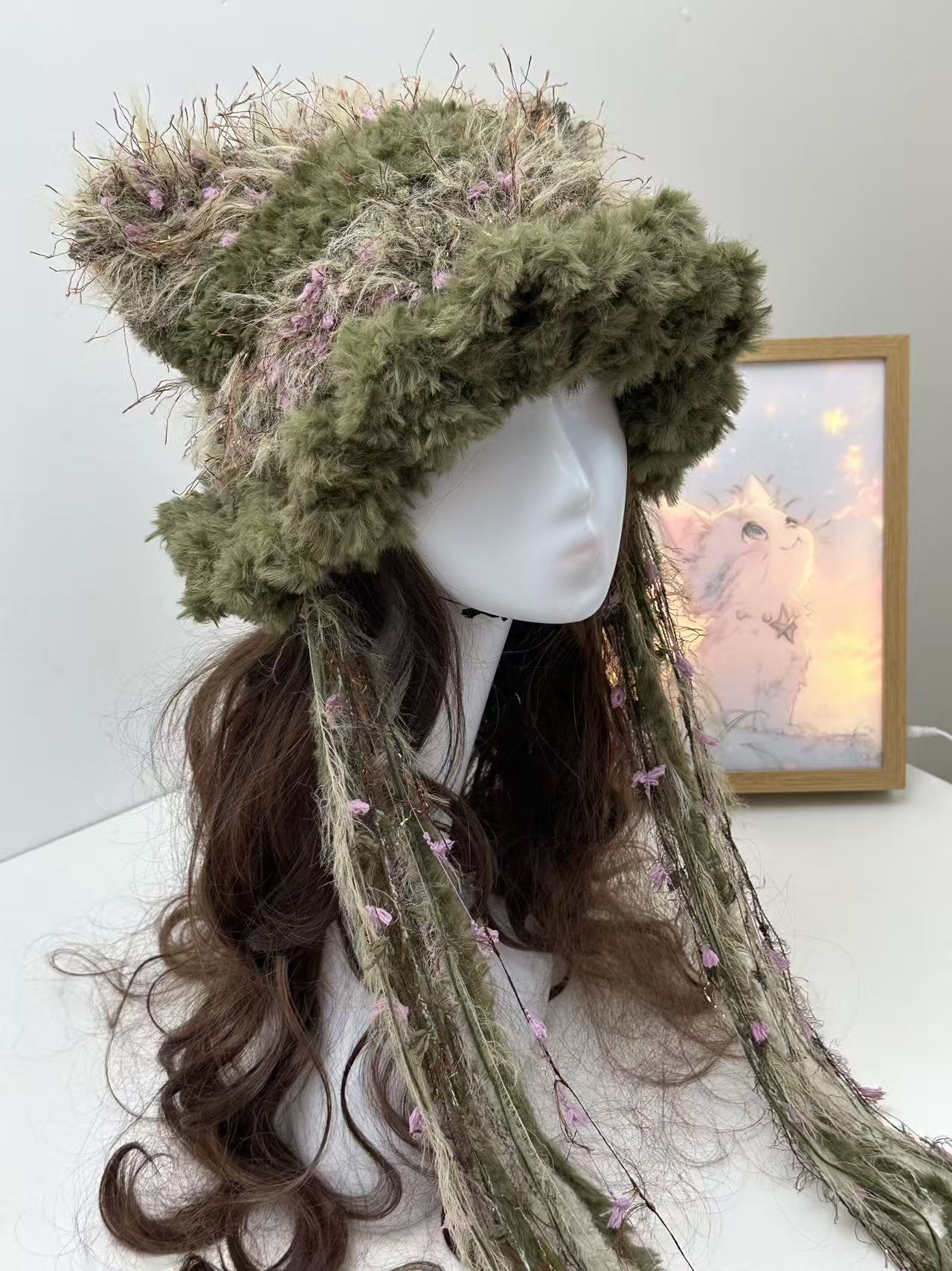 “Emerald Moss” Cat Ear Jellyfish Hat – Handcrafted Green Mixed Yarn Beanie