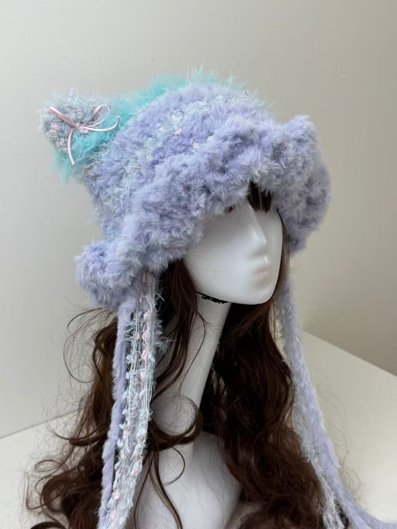 “Dreamy Twilight” Cat Ear Jellyfish Hat – Blue & Purple Mixed Yarn Beanie