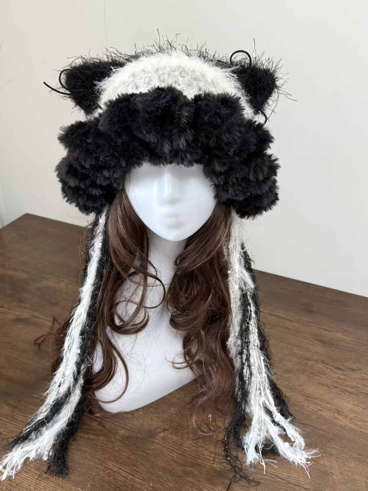 Black & White “Panda” Cat Ear Jellyfish Hat with Wide Ruffled Edge – Handmade Beanie