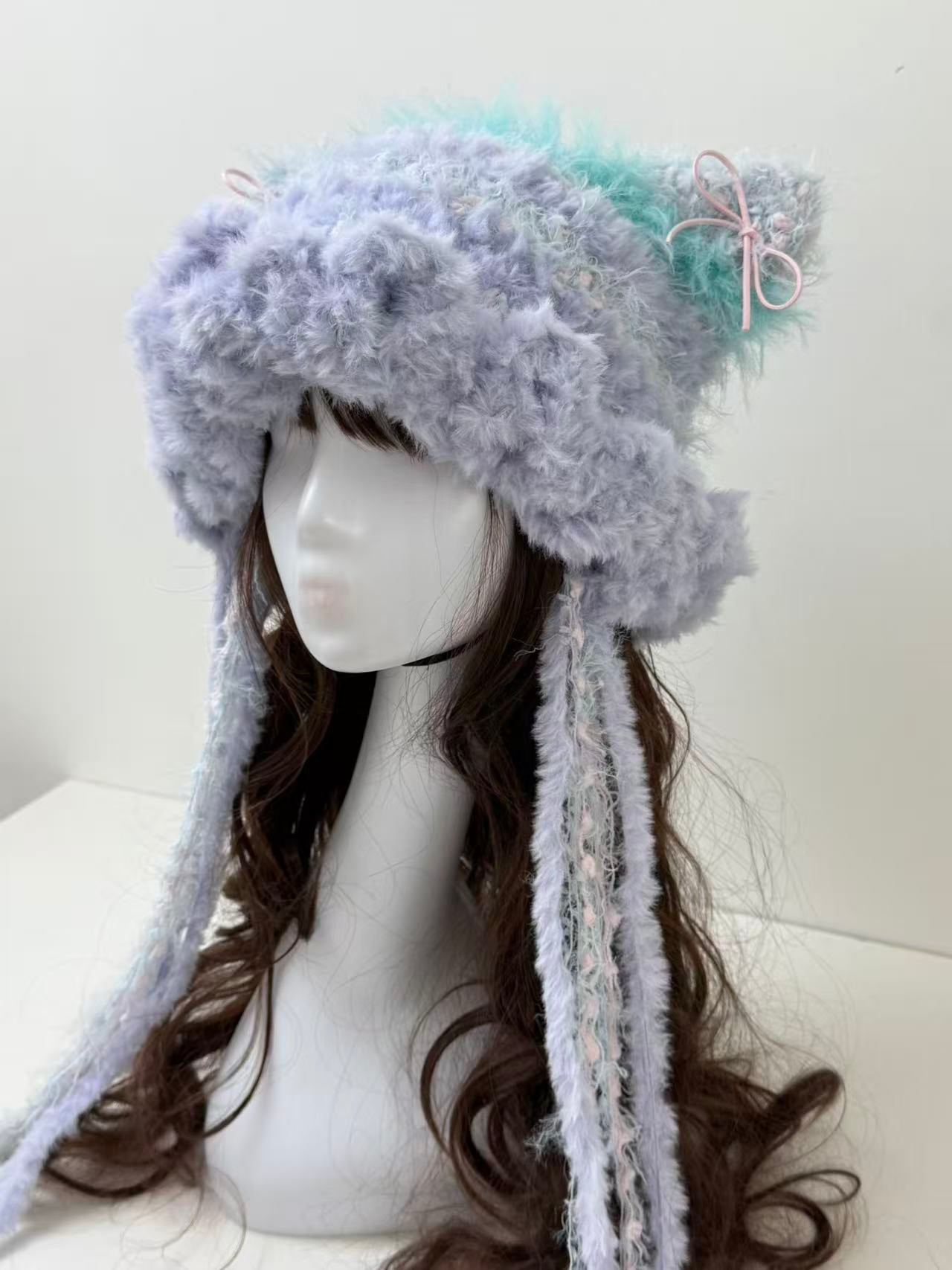 “Dreamy Twilight” Cat Ear Jellyfish Hat – Blue & Purple Mixed Yarn Beanie