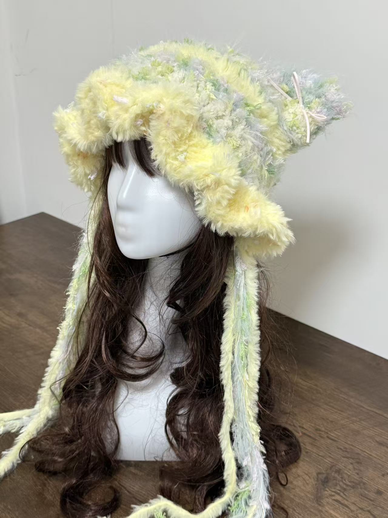 “Spring Meadow” Cat Ear Jellyfish Hat with Wide Ruffled Edge – Handcrafted Mixed Yarn Beanie