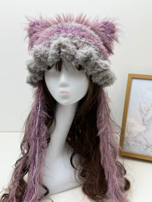 Grey-Pink Cat Ear Jellyfish Hat – Handcrafted Mixed Yarn Beanie