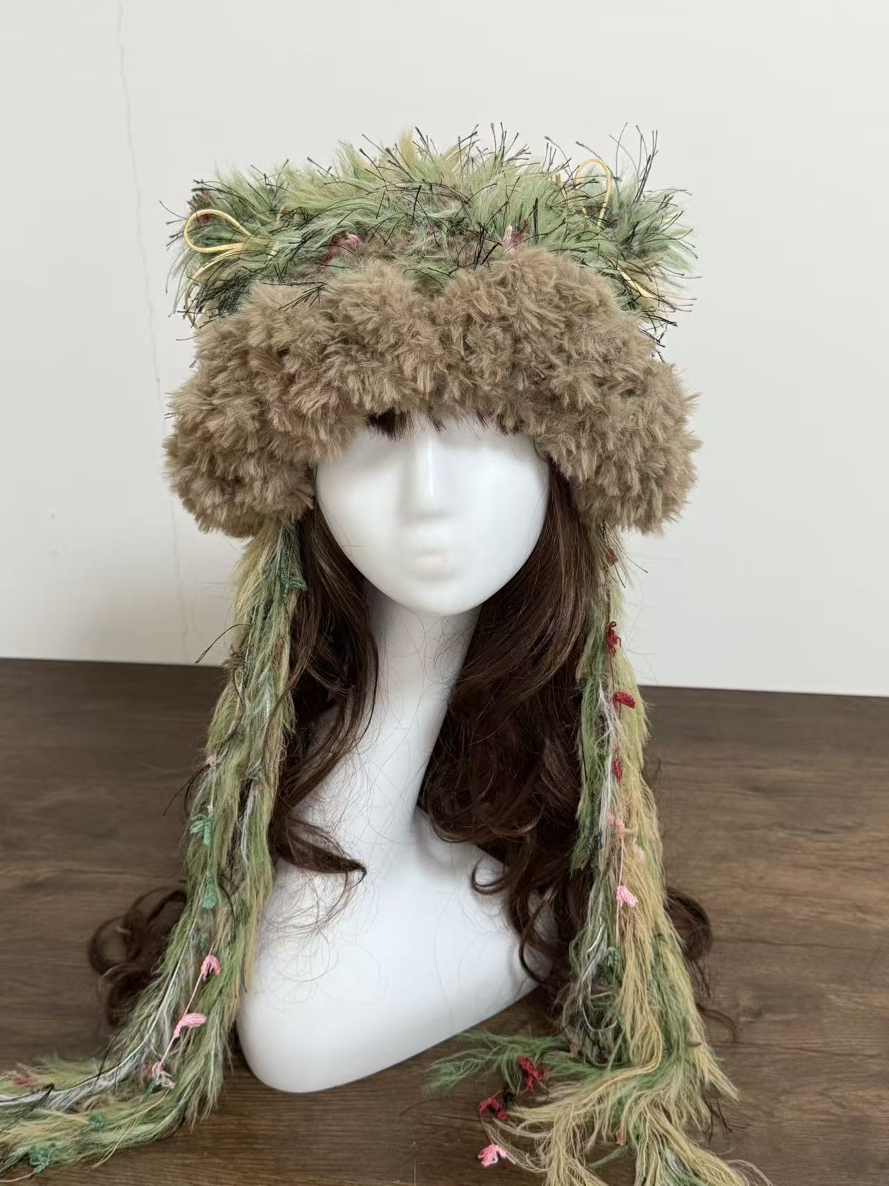 “Emerald Moss” Cat Ear Jellyfish Hat – Handcrafted Green Mixed Yarn Beanie