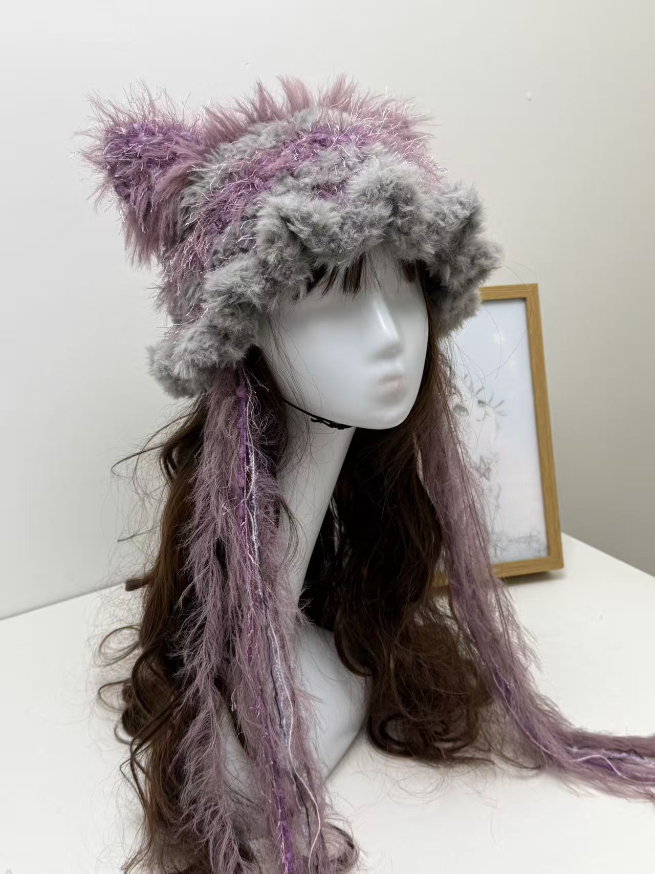Grey-Pink Cat Ear Jellyfish Hat – Handcrafted Mixed Yarn Beanie