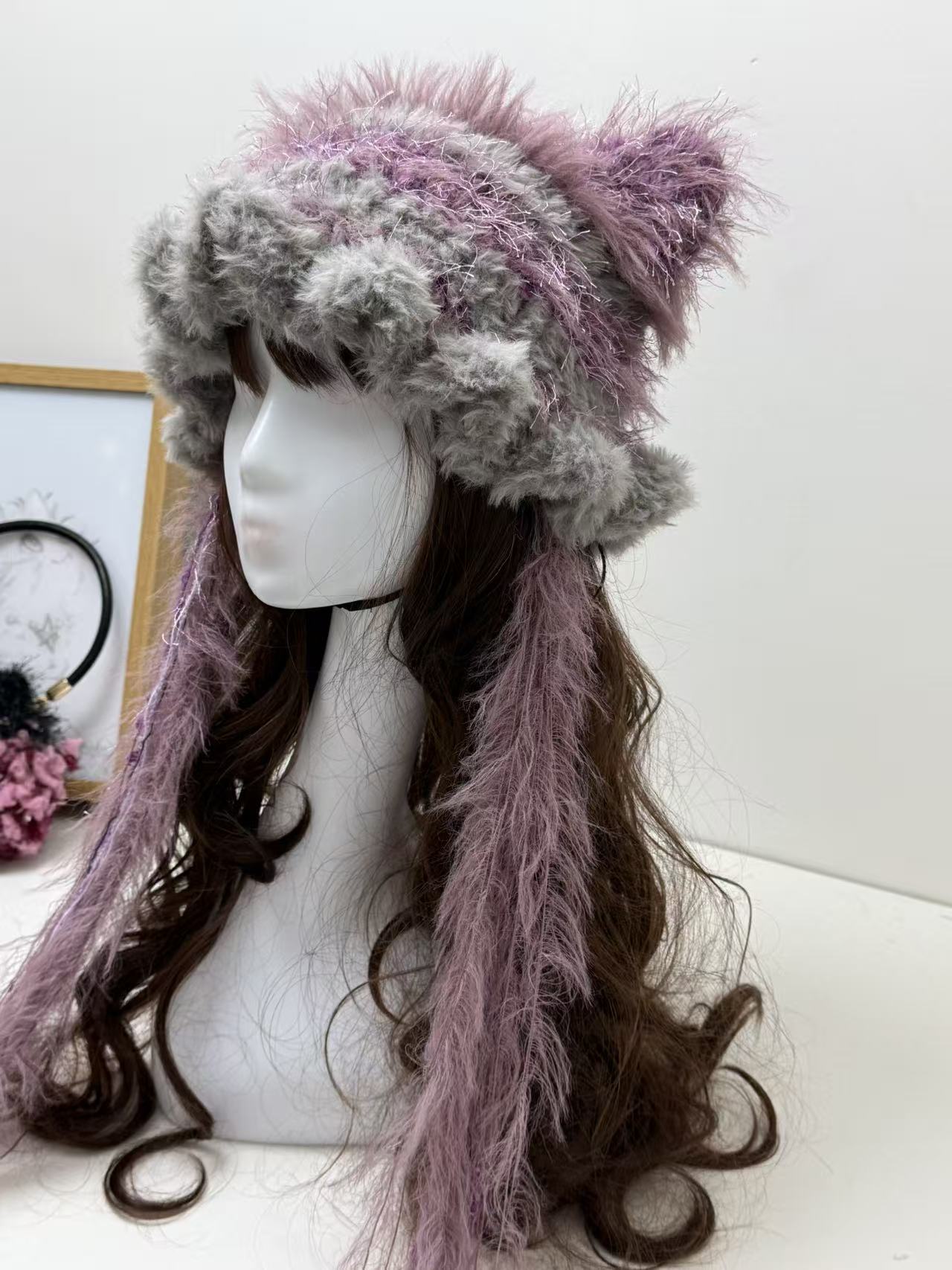 Grey-Pink Cat Ear Jellyfish Hat – Handcrafted Mixed Yarn Beanie