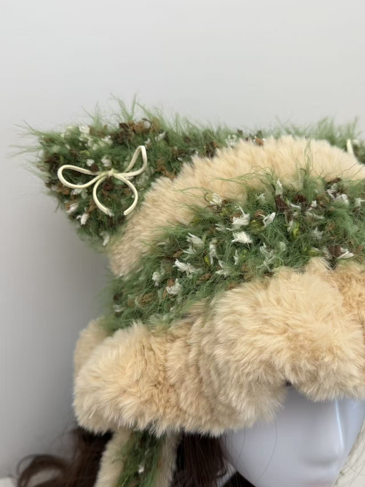 “Forest Elf” Cat Ear Jellyfish Hat with Wide Ruffled Edge – Handcrafted Green Mixed Yarn Beanie