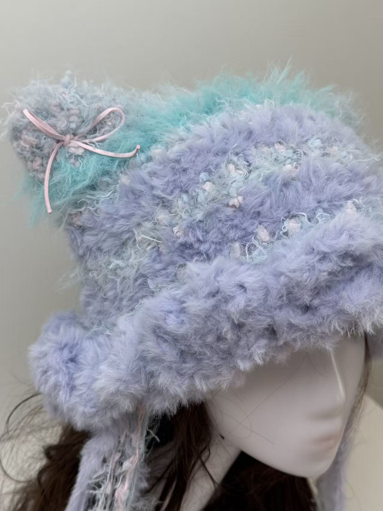 “Dreamy Twilight” Cat Ear Jellyfish Hat – Blue & Purple Mixed Yarn Beanie