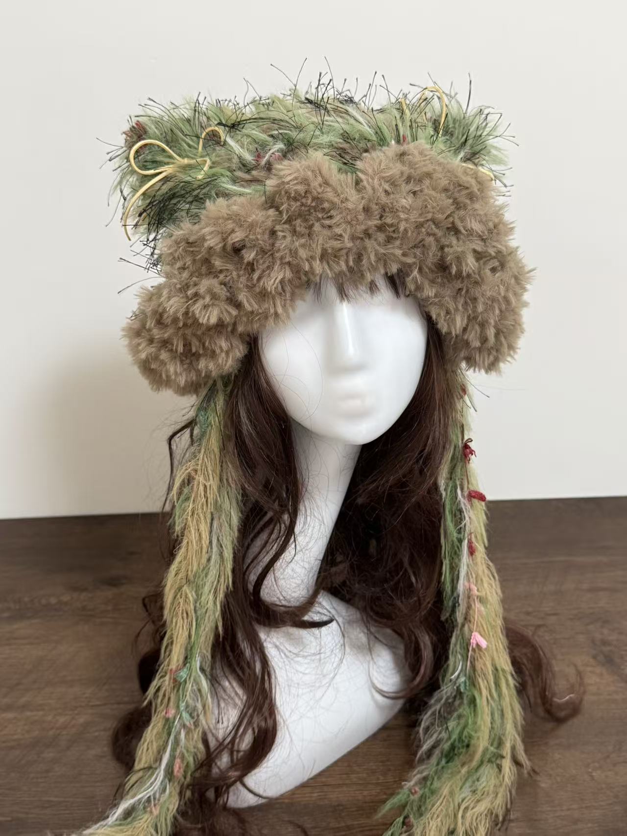 “Emerald Moss” Cat Ear Jellyfish Hat – Handcrafted Green Mixed Yarn Beanie