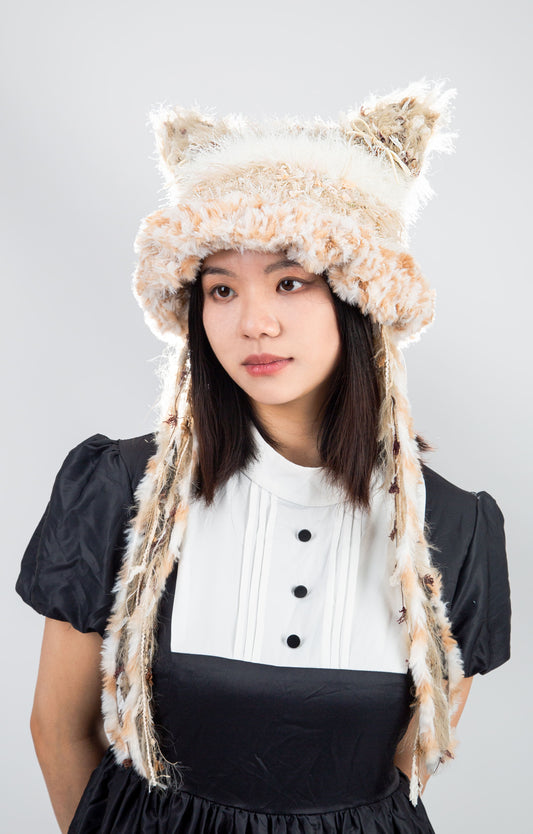 “Snow Leopard” Cat Ear Jellyfish Hat – Handcrafted Light Khaki Mixed Yarn Beanie