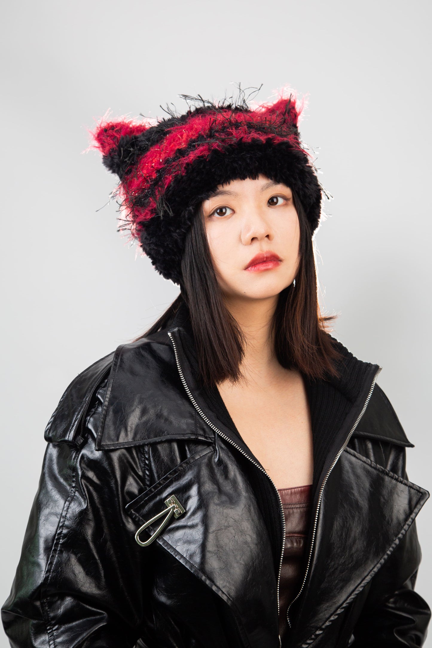 Red and Black Mixed Yarn Cat Ear Beanie