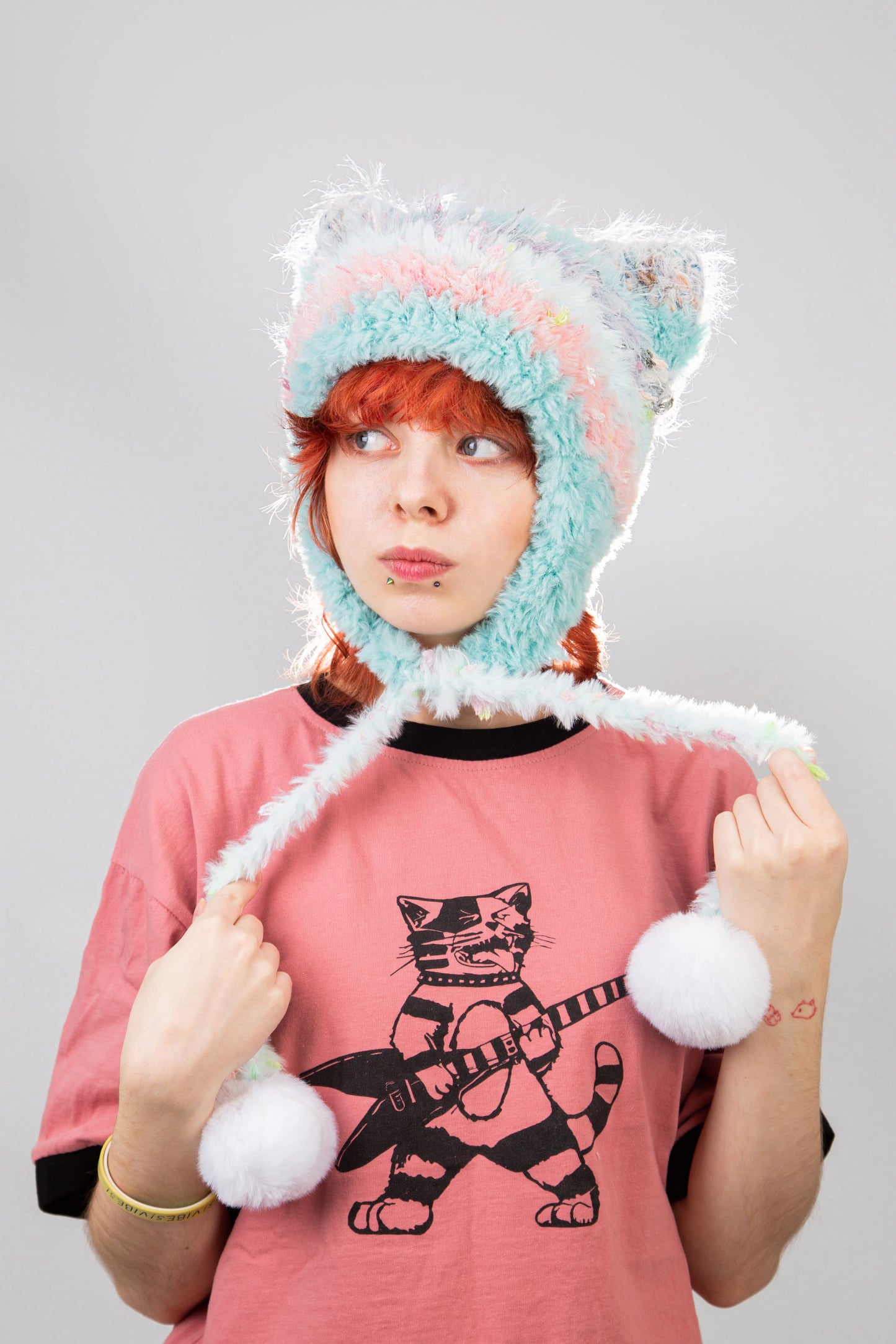 Mint Green and Pink Cat Ear Hat with Two White Balls