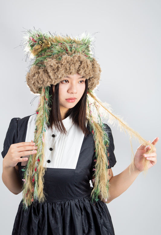 “Emerald Moss” Cat Ear Jellyfish Hat – Handcrafted Green Mixed Yarn Beanie