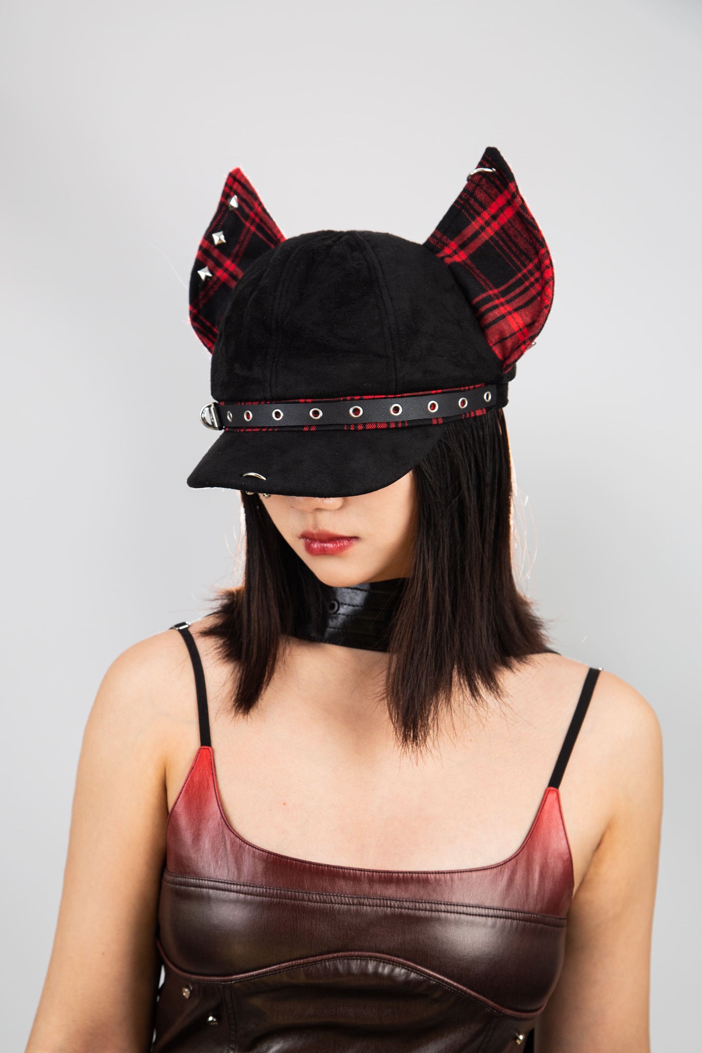 Newsboy Cap Hat with Dog Ear in Check Pattern and Studs