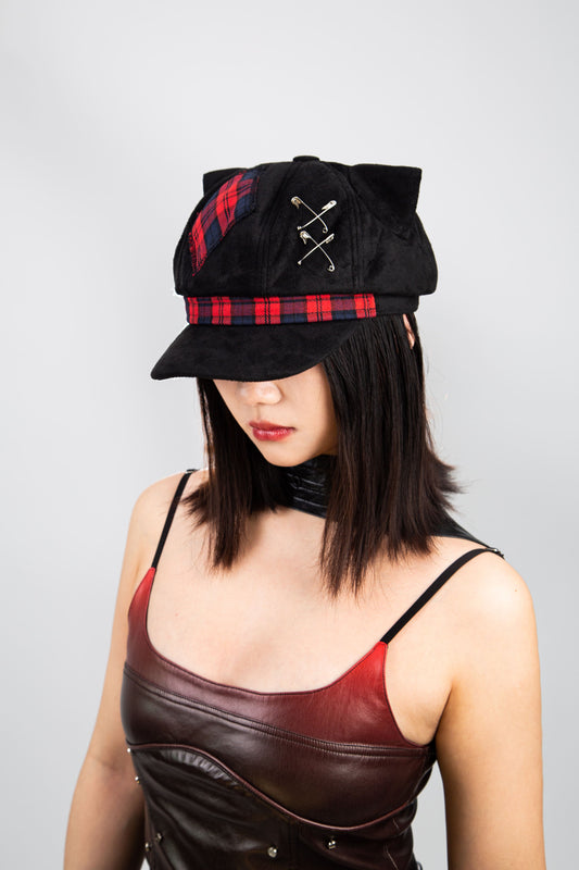 Black Newsboy Cap with Cat Ears, Red Check Pattern and Crossed Pins