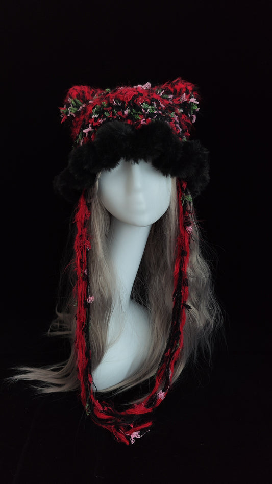 Red Black Gothic Cat Ear Jellyfish Hat – Handmade Mixed Yarn Crochet Beanie