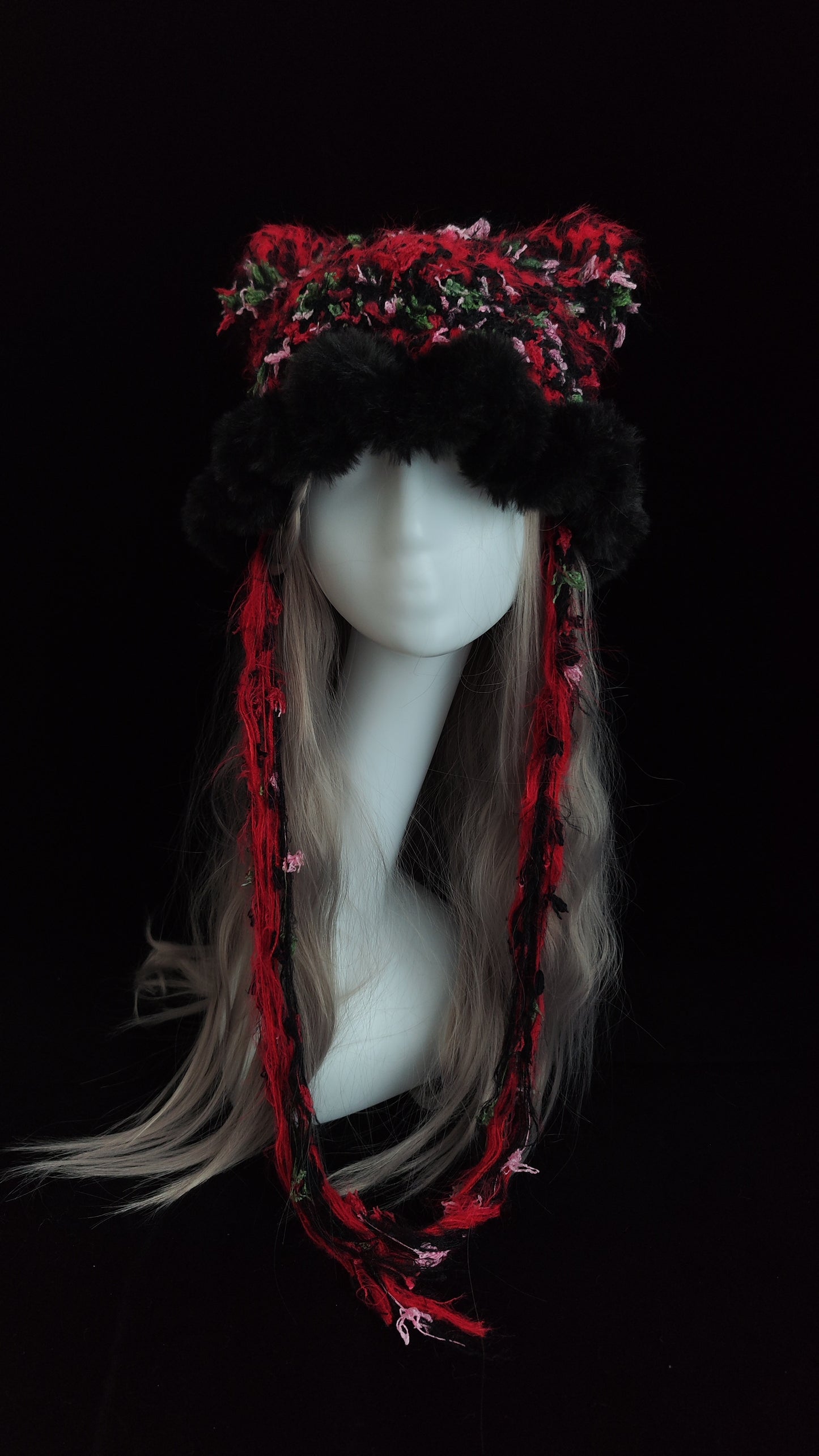 Red Black Gothic Cat Ear Jellyfish Hat – Handmade Mixed Yarn Crochet Beanie