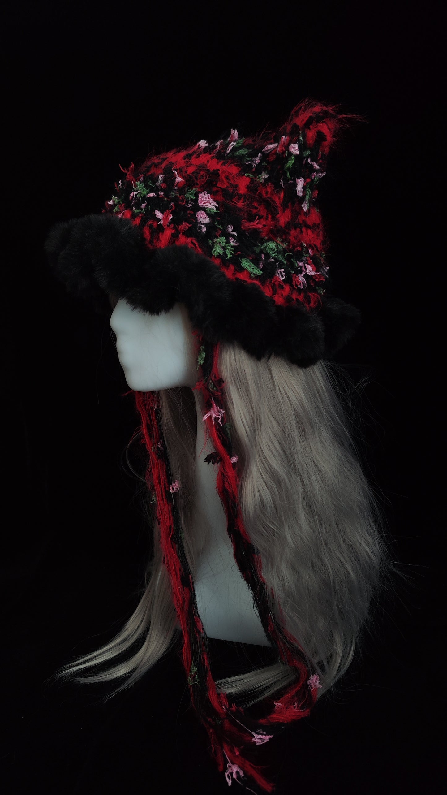 Red Black Gothic Cat Ear Jellyfish Hat – Handmade Mixed Yarn Crochet Beanie