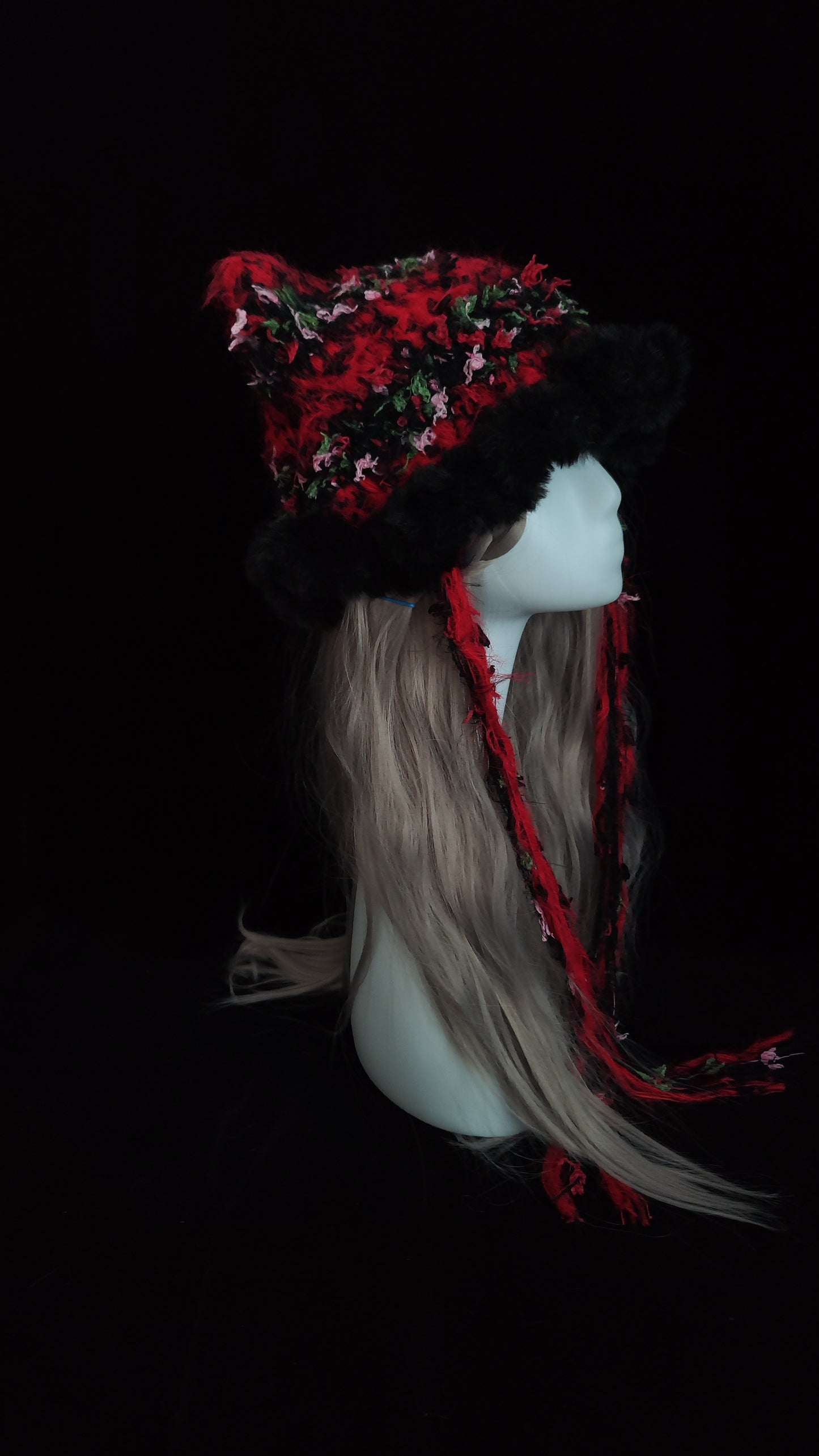 Red Black Gothic Cat Ear Jellyfish Hat – Handmade Mixed Yarn Crochet Beanie