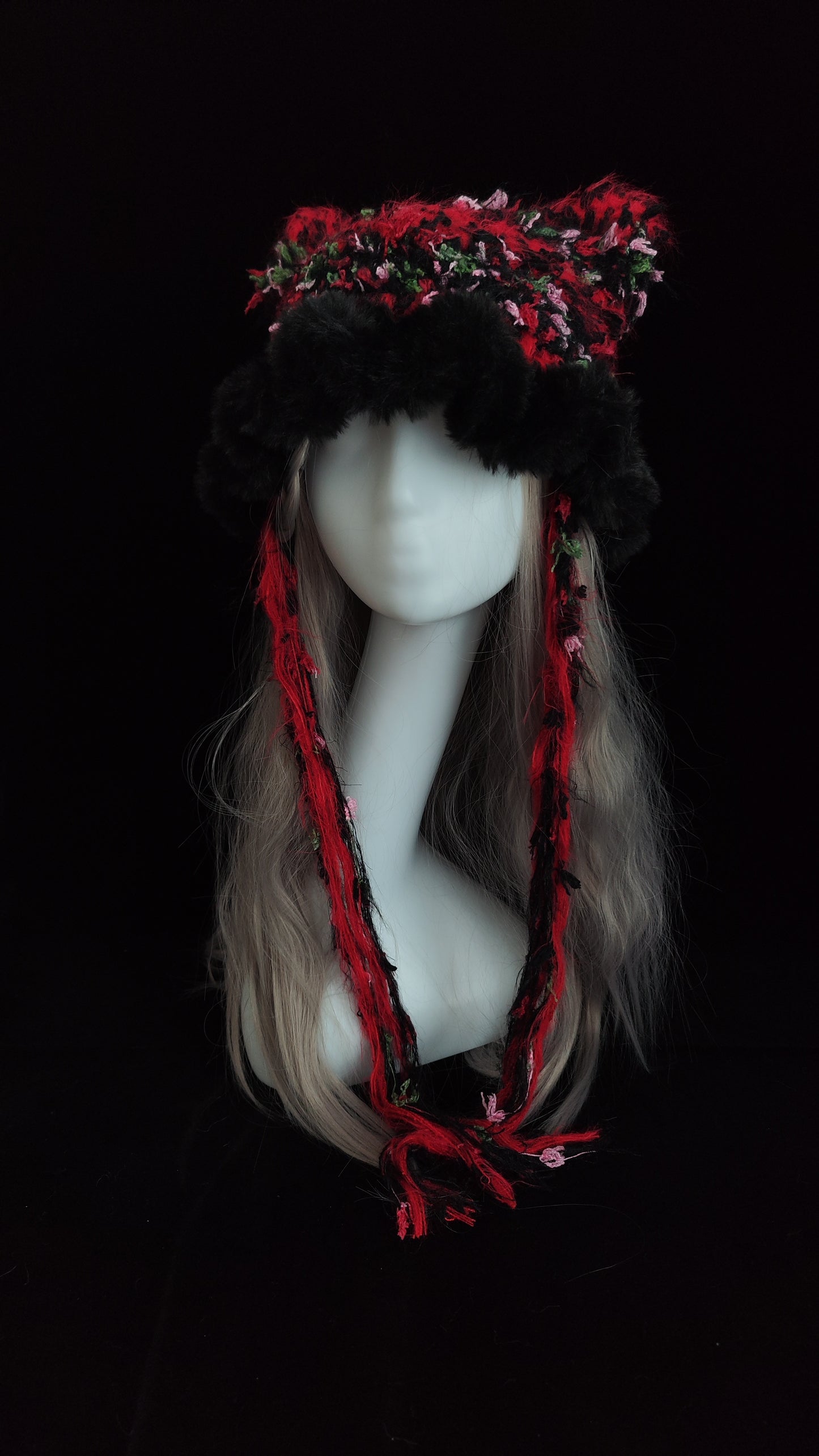 Red Black Gothic Cat Ear Jellyfish Hat – Handmade Mixed Yarn Crochet Beanie