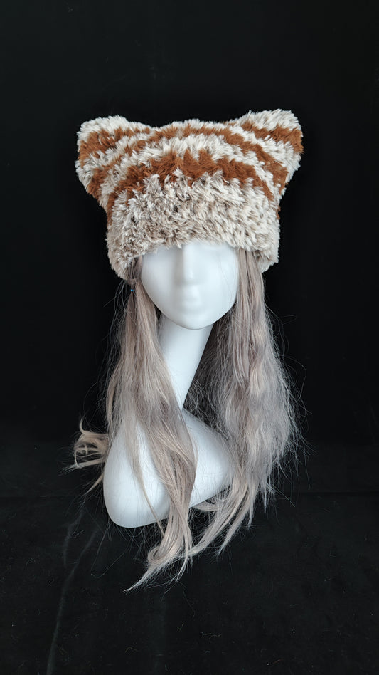 Brown Cat Ear Hat – Handmade Mixed Yarn Crochet Beanie