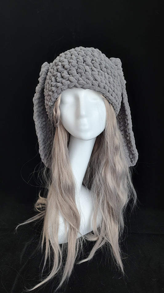 Gray Long Ear Bunny Hat – Handmade Fluffy Crochet Beanie