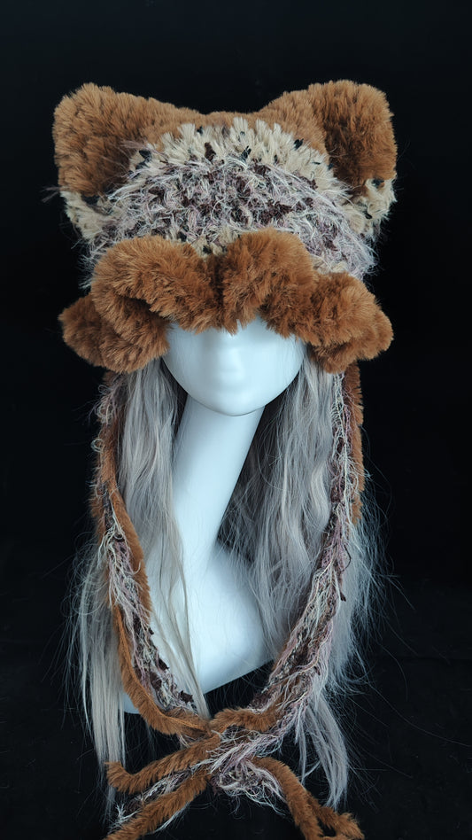 Caramel Pudding Cat Ear Jellyfish Hat – Handmade Cozy Brown Crochet Hat