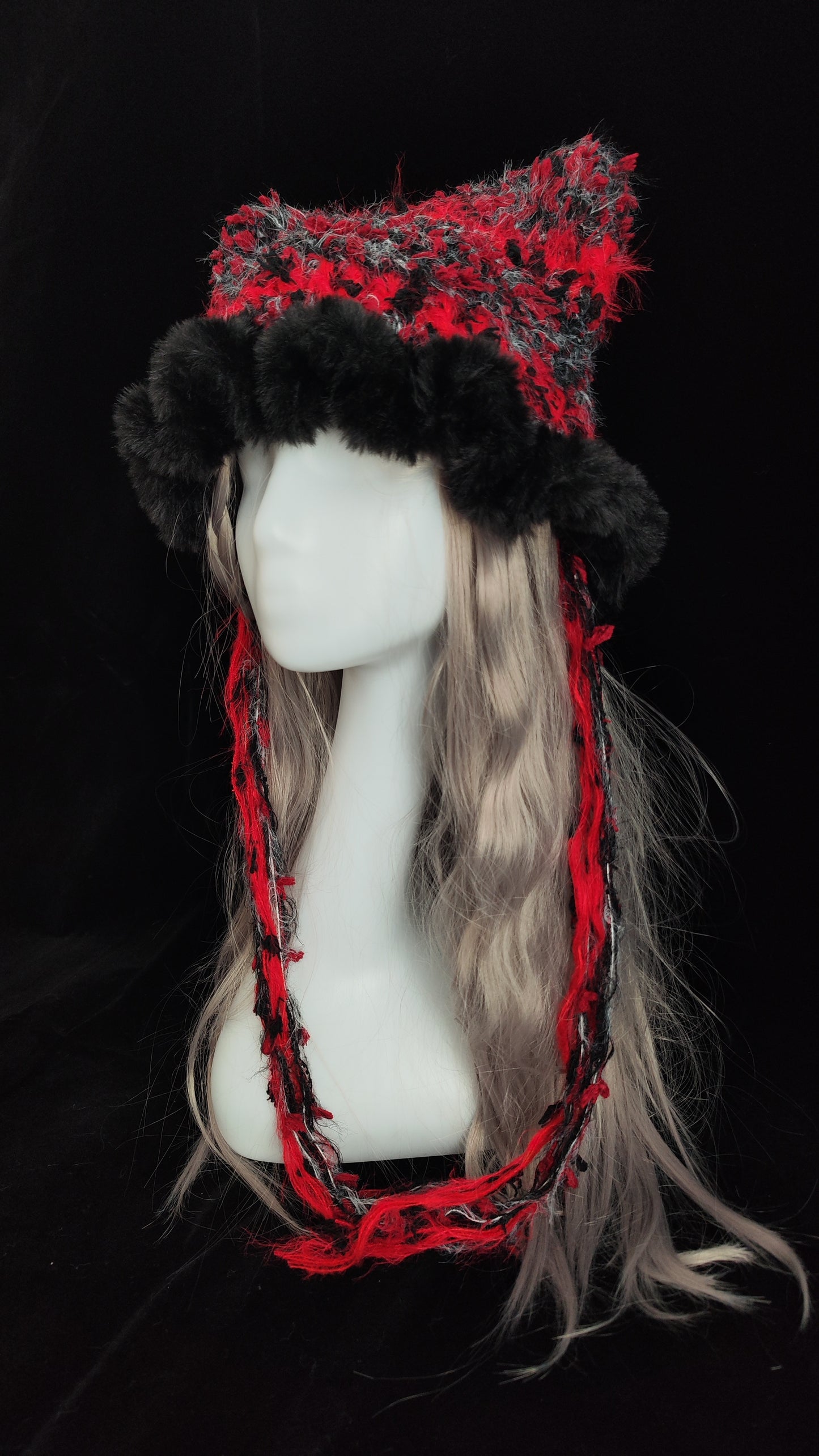 Red Black Gothic Cat Ear Jellyfish Hat – Handmade Mixed Yarn Crochet Beanie