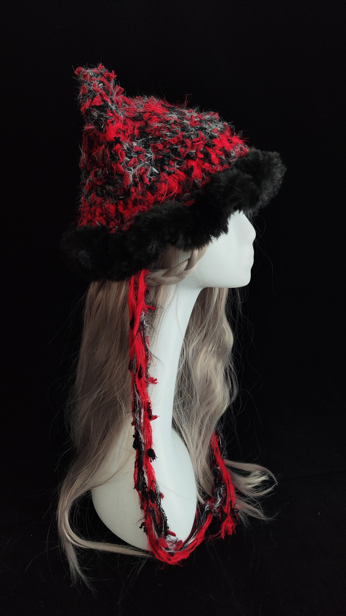 Red Black Gothic Cat Ear Jellyfish Hat – Handmade Mixed Yarn Crochet Beanie