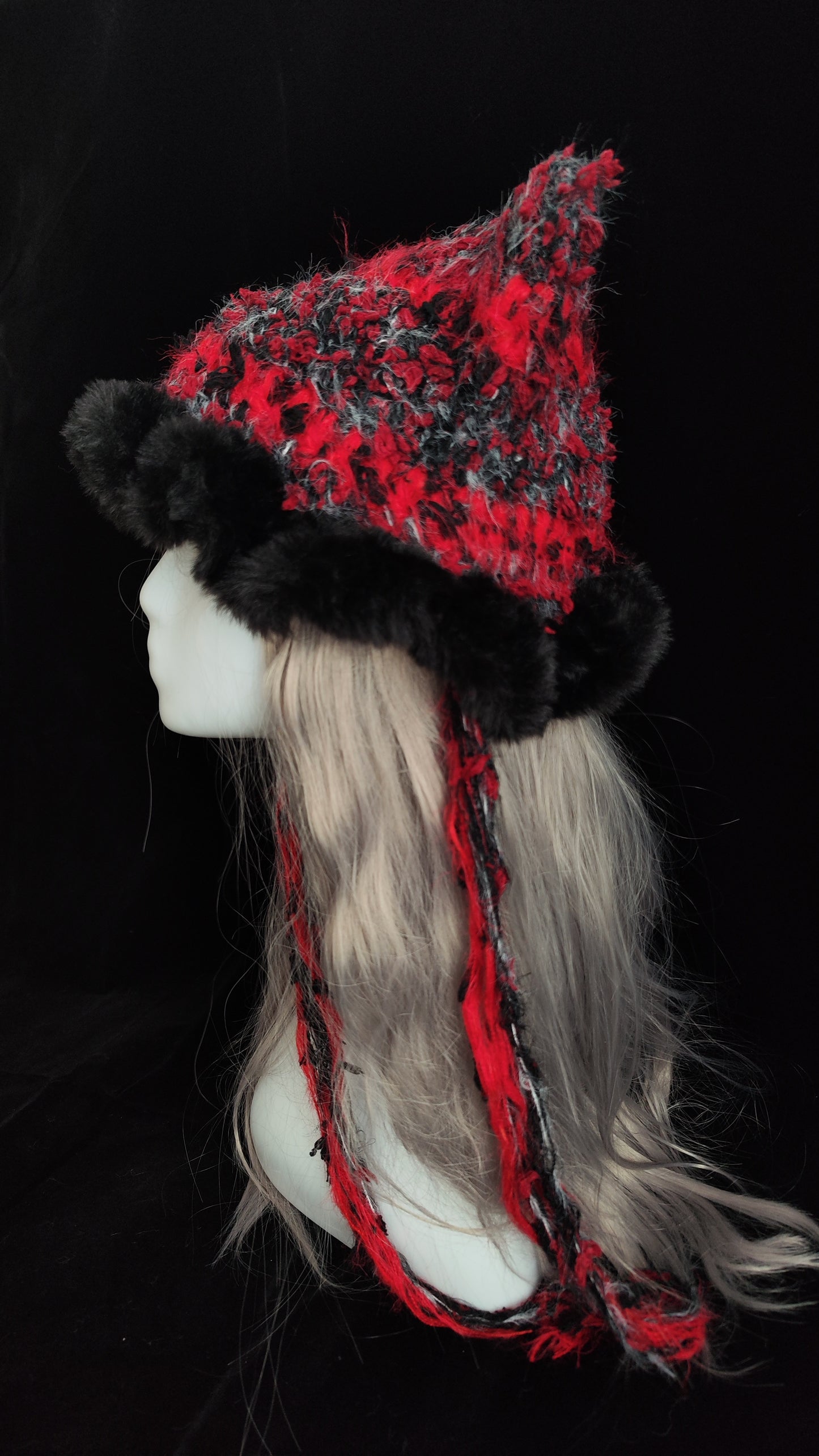 Red Black Gothic Cat Ear Jellyfish Hat – Handmade Mixed Yarn Crochet Beanie
