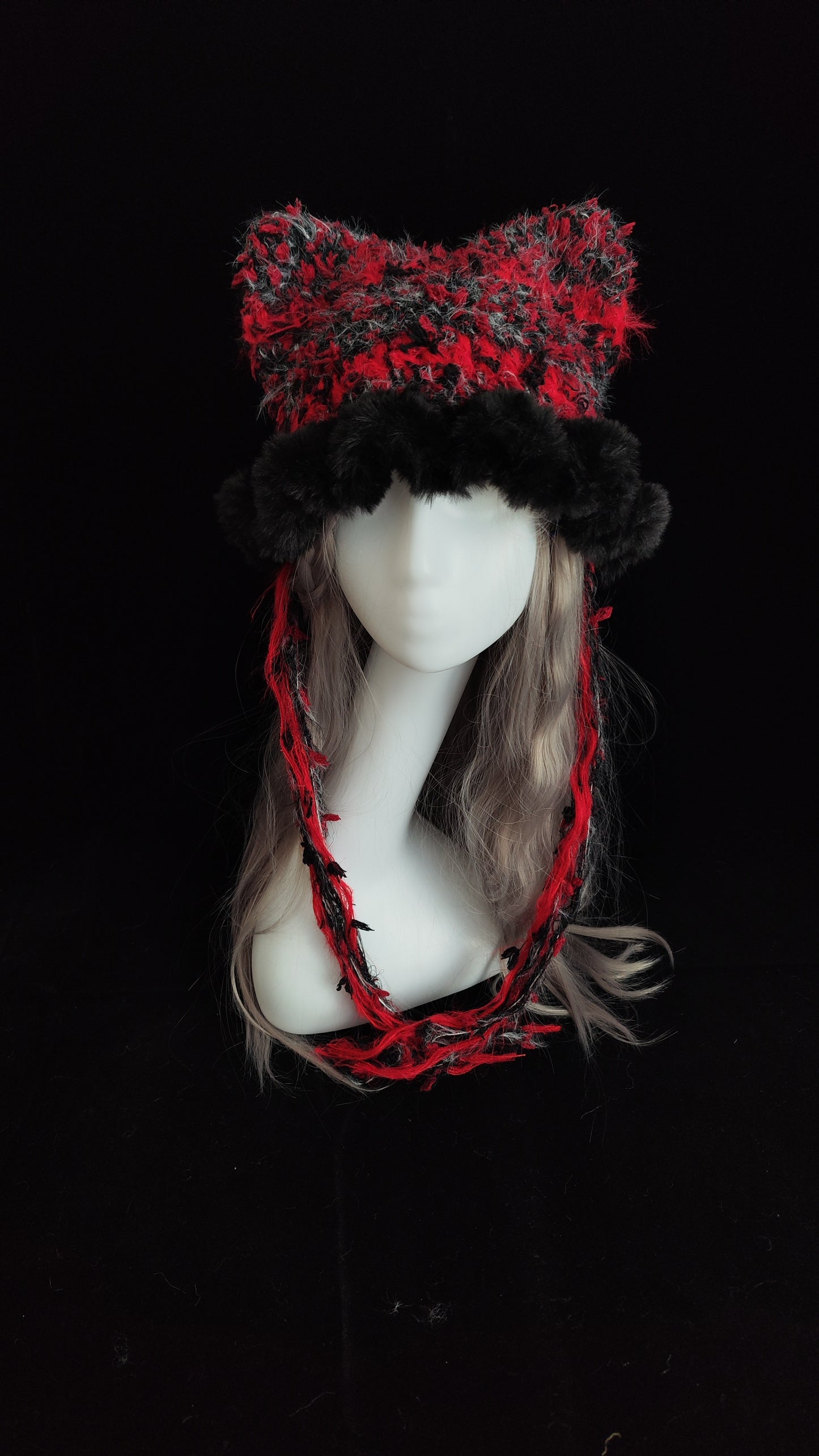 Red Black Gothic Cat Ear Jellyfish Hat – Handmade Mixed Yarn Crochet Beanie