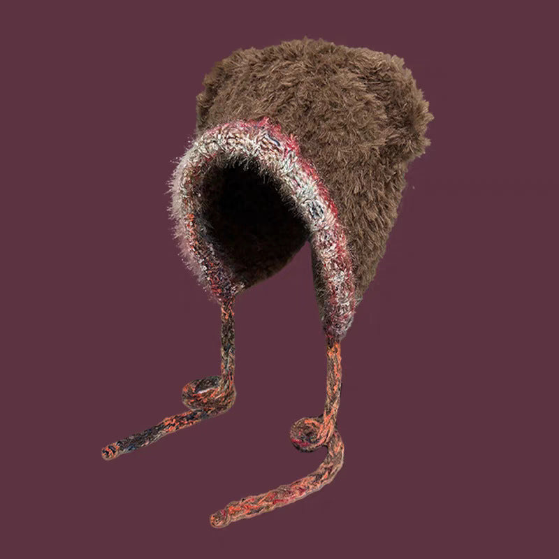 Mixed Color Bear Ears Plush Beanie
