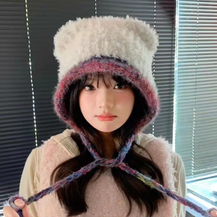 Mixed Color Bear Ears Plush Beanie