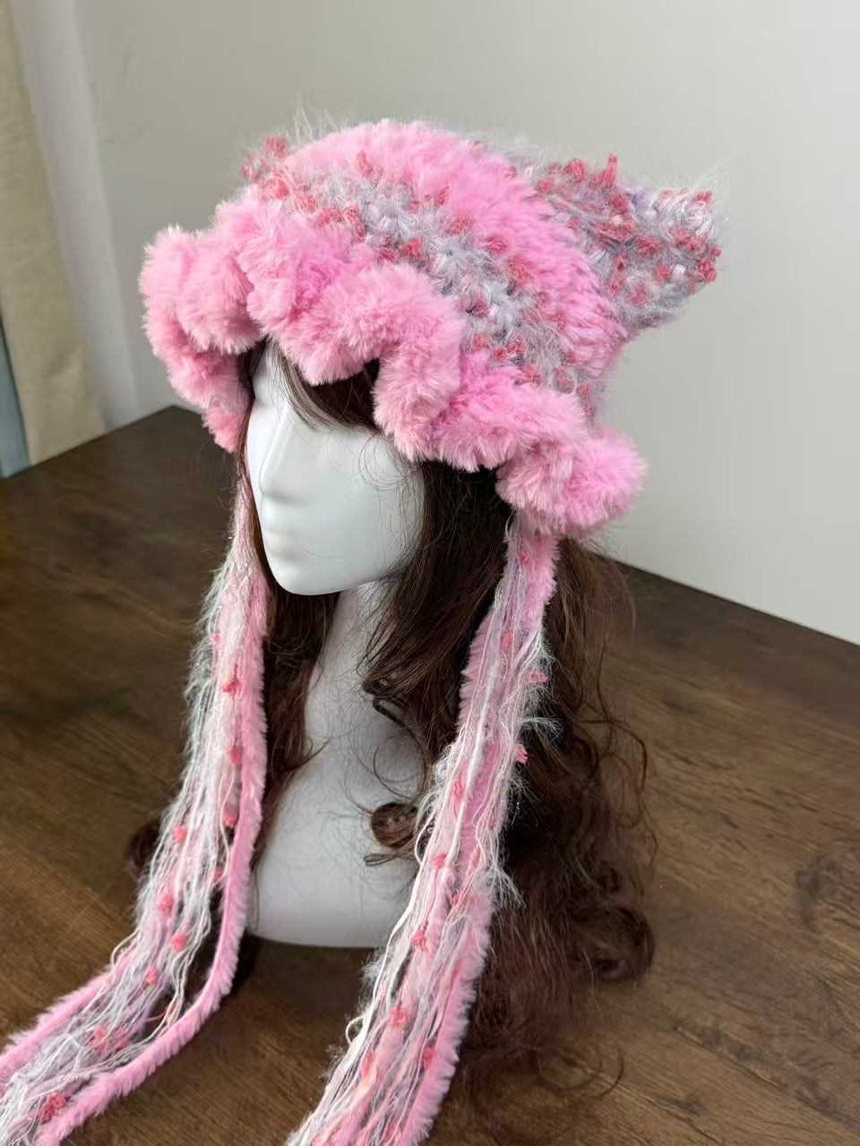 Pink Mixed Yarn Cat Ear Jellyfish Hat – Handmade Crochet Beanie