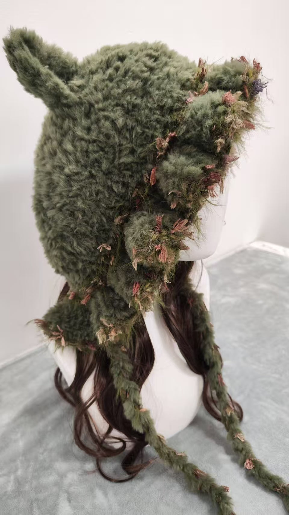 Moss Green Mixed Yarn Cat Ear Beanie – Handmade Crochet Knit Hat