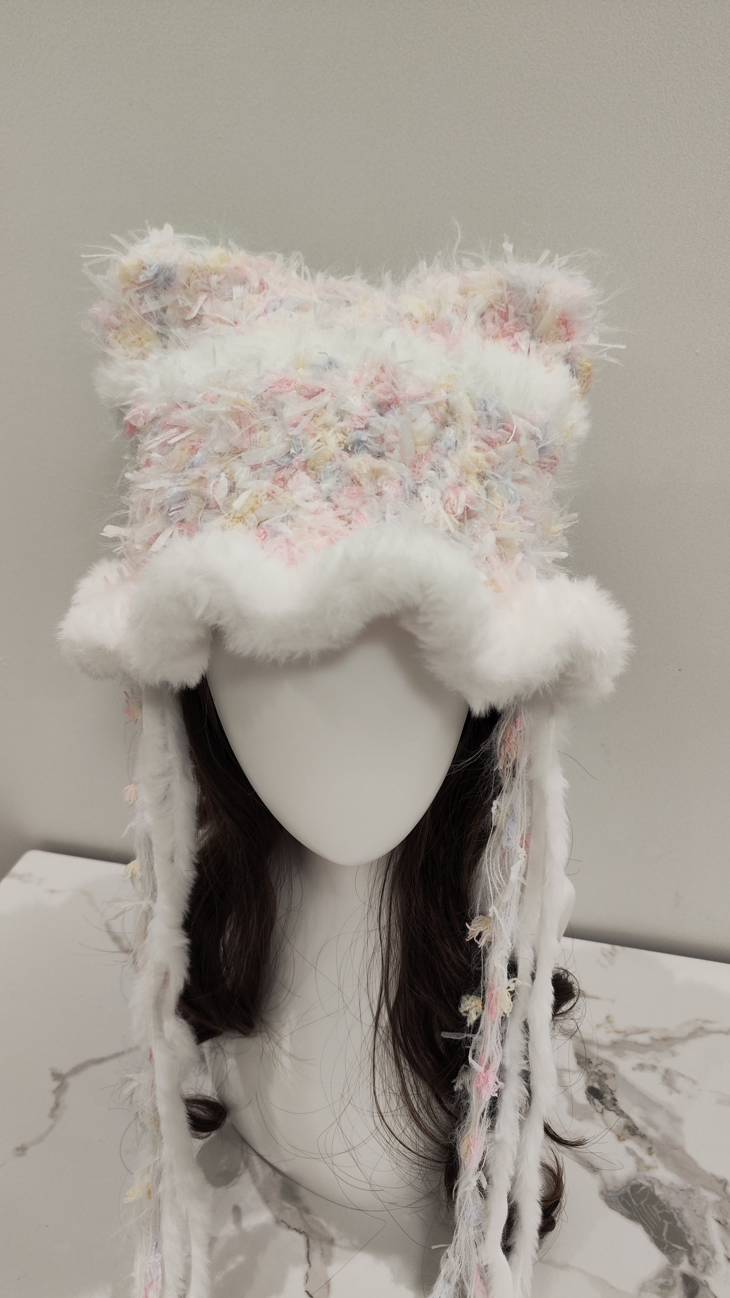 “Petal Whisper” Cat Ear Jellyfish Hat – White with Subtle Floral Mixed Yarn Beanie