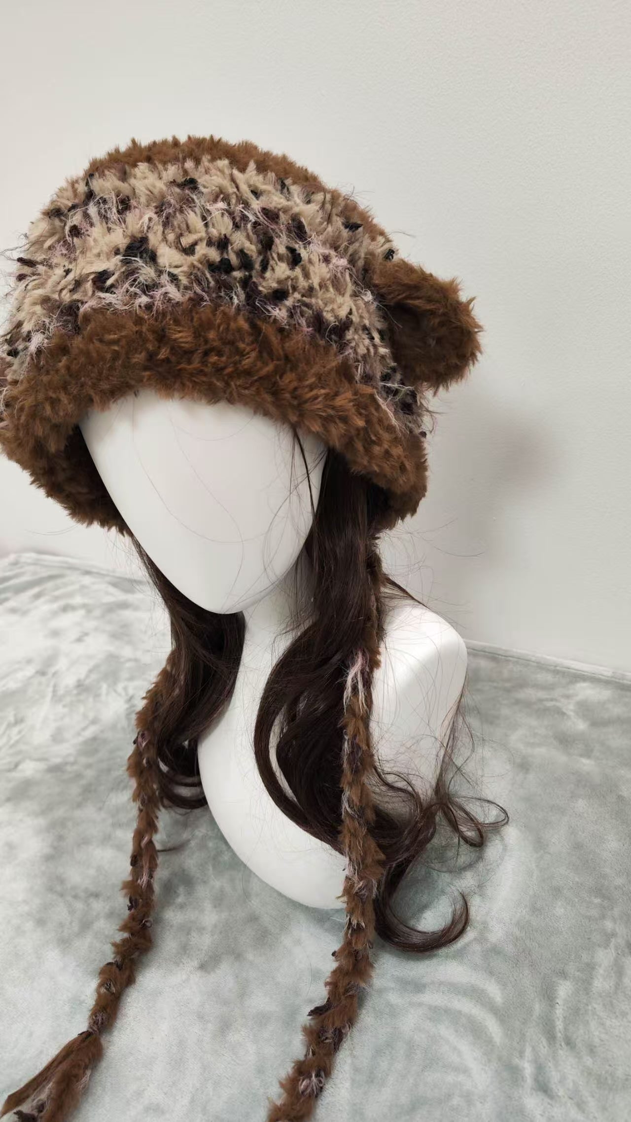 Brown Sheep Ear Crochet Beanie – Handmade Mixed Yarn Wool Hat